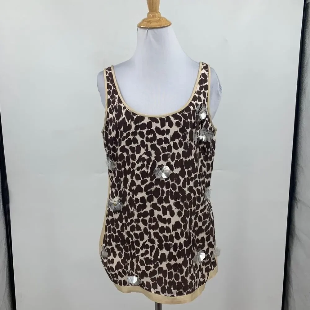 J Crew Tank Top Womens 6 Champagne Espresso Silk Cheetah Sparkle Appliqué Lined
